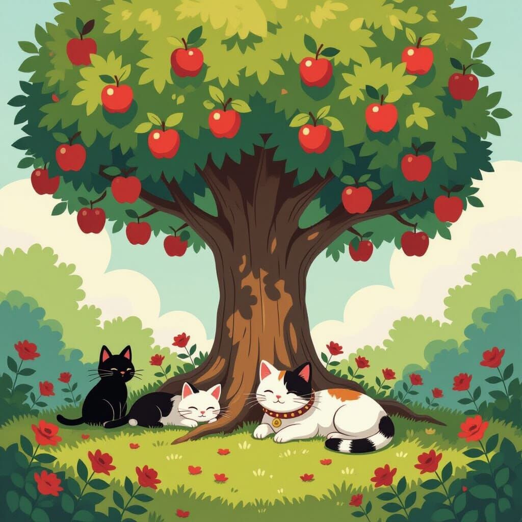 Miyazaki-Inspired Apple Tree with Sleeping Cat and Bats