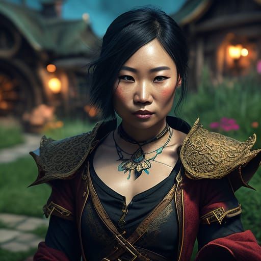 Bald Asian Woman Pirate in Hobbiton: Fantasy Portrait