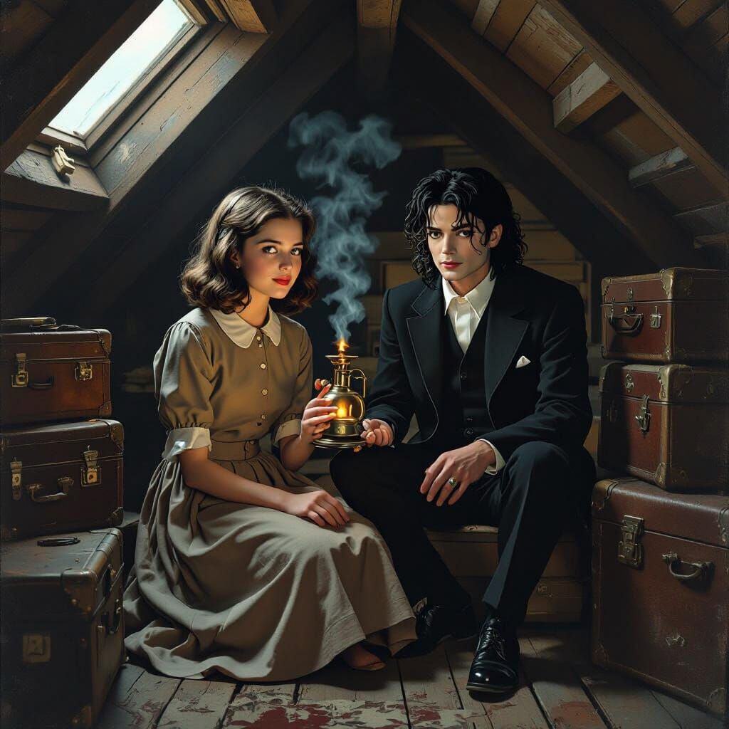 Surreal Attic Scene with Young Woman and Pop Star