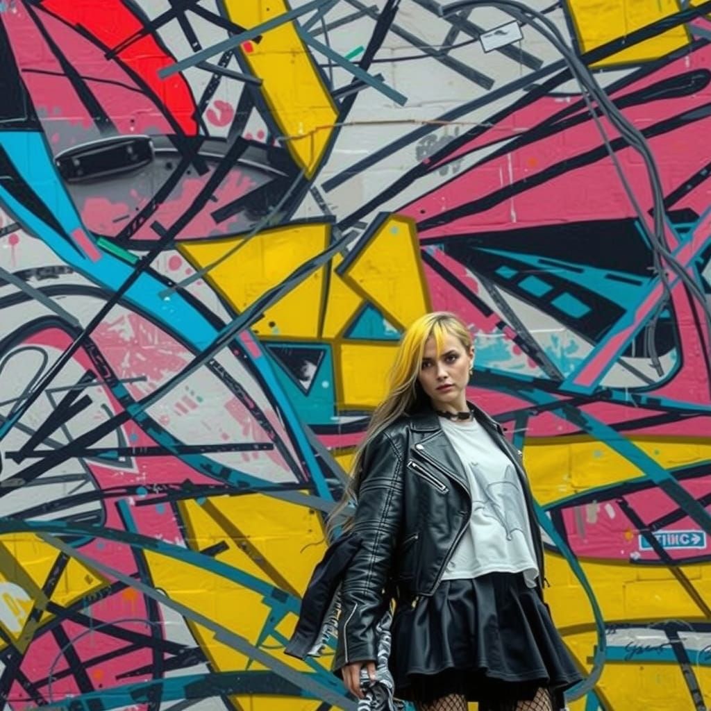 Goth Model Posing by Vibrant Mural in Cubist Style