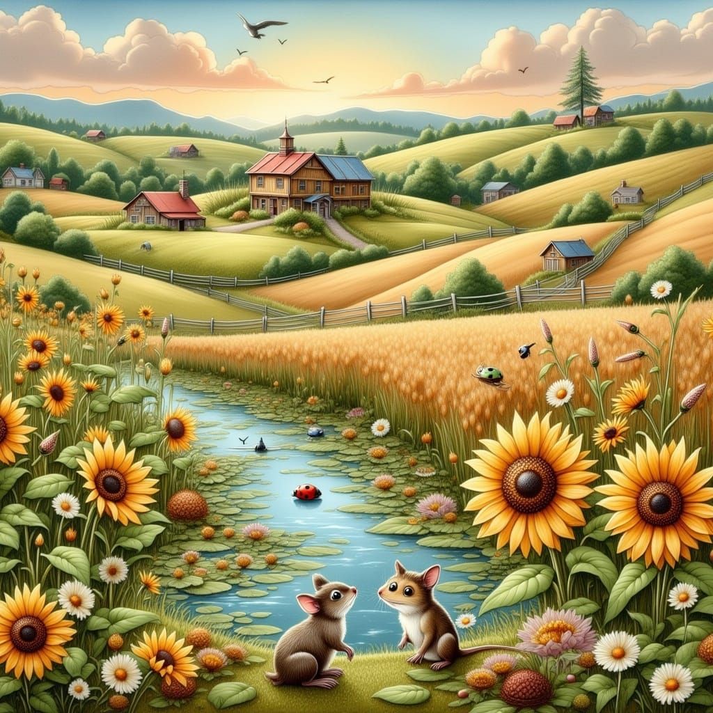 Frog, Mouse, and Ladybug in Rural Landscape