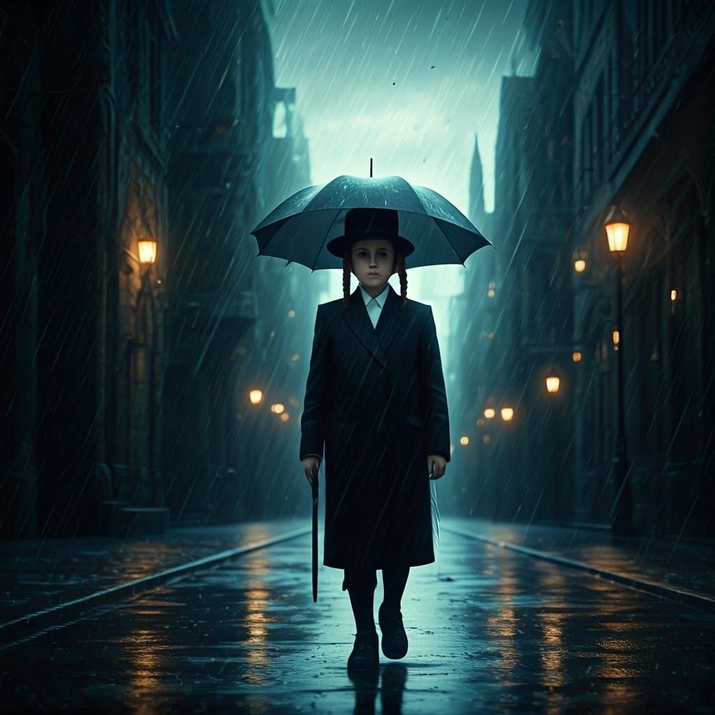 Mystical Orthodox Boy in Rainy Cityscape