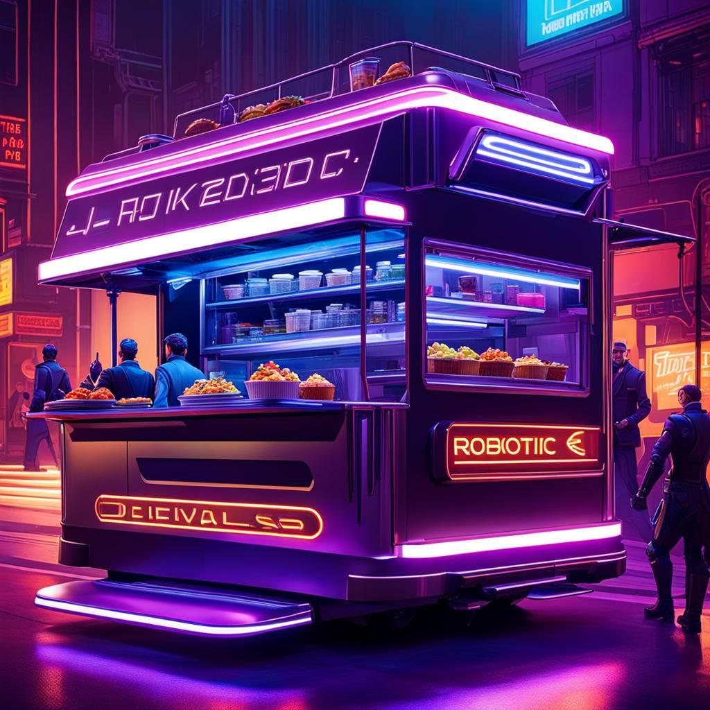 Futuristic Food Truck with Robotic Waitstaff