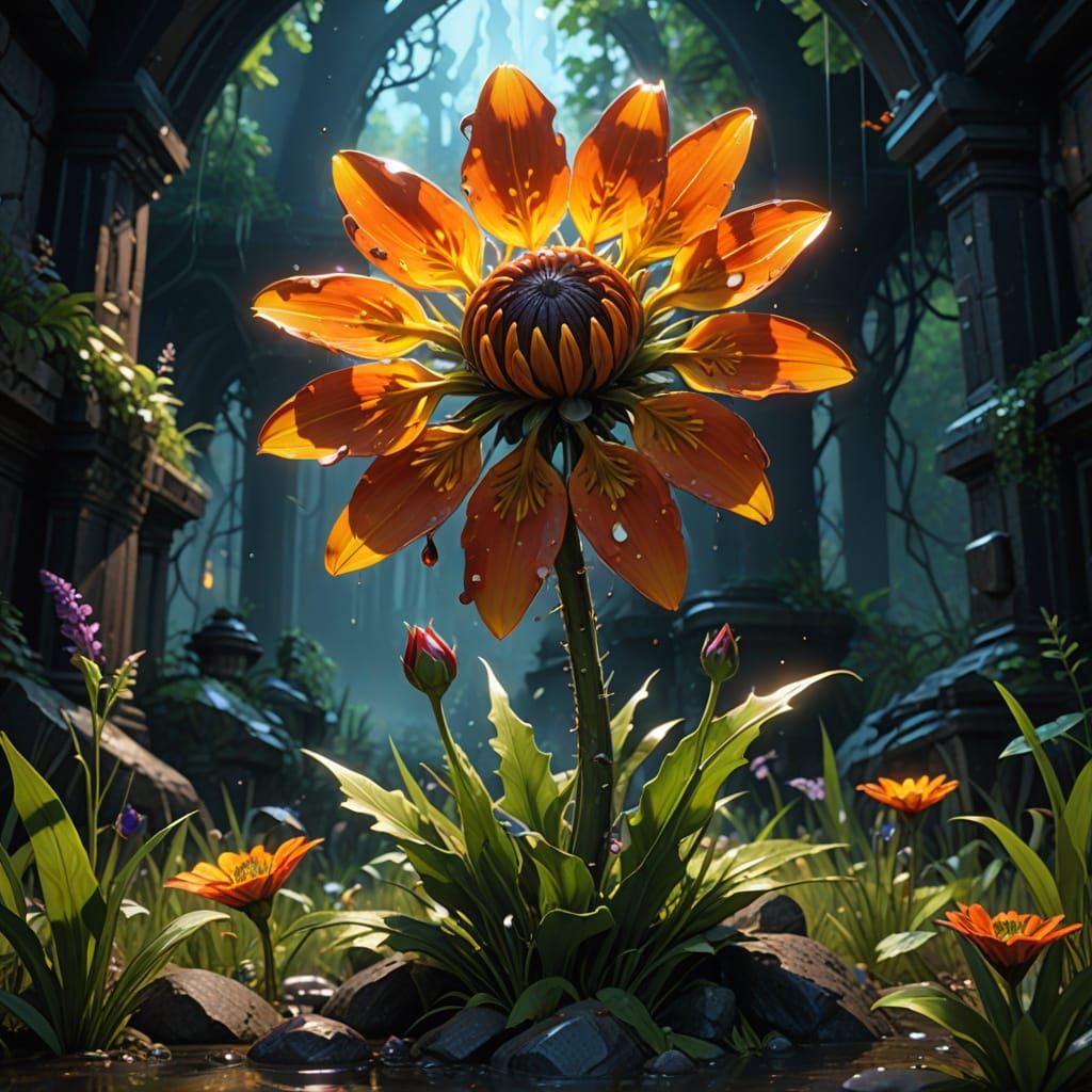 Hyperdetailed Sunroot Flower in Dark Fantasy Style