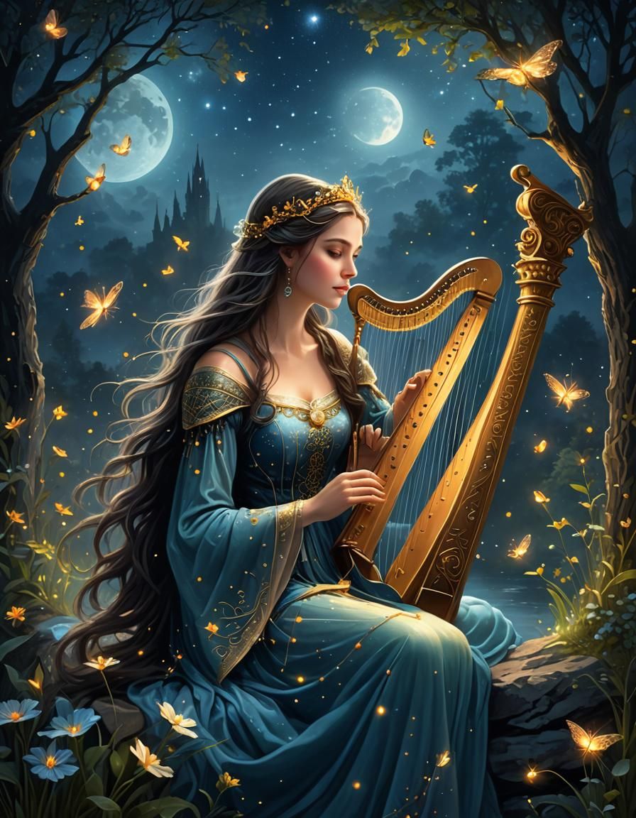 A medieval princess plays the harp in the moonlight