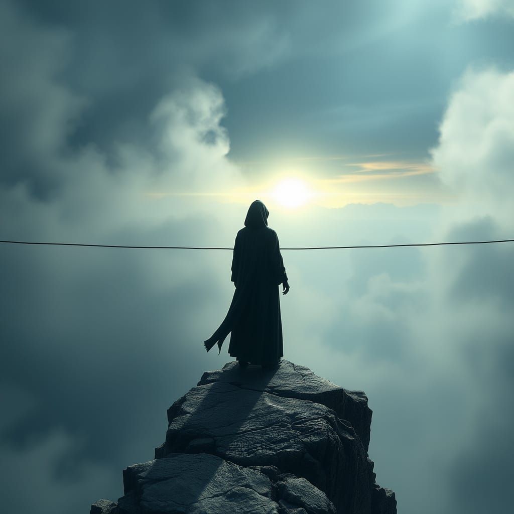 Suspended Figure Stands Between Light and Shadow