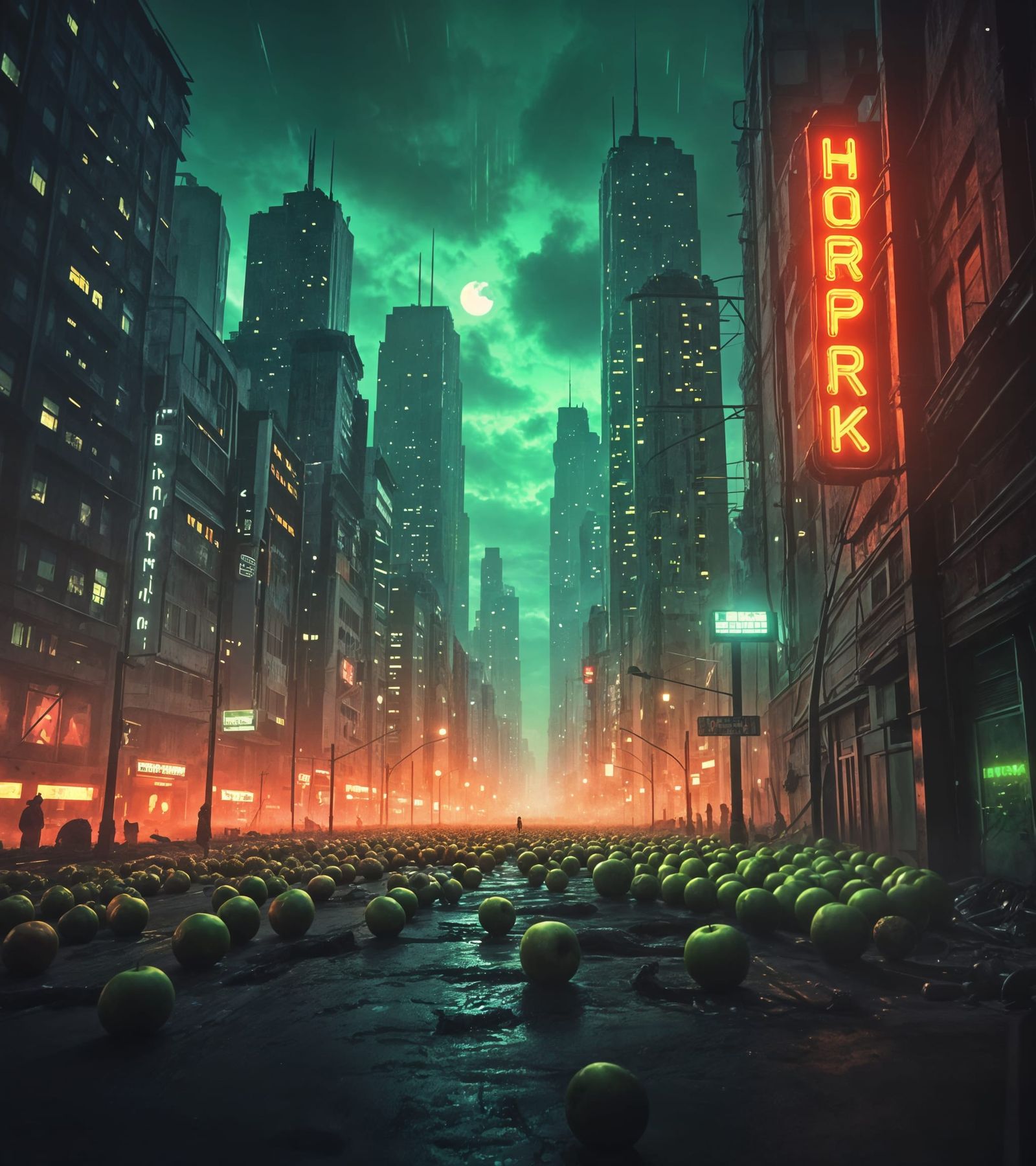 Cyberpunk Apple Cityscape in Neon Green