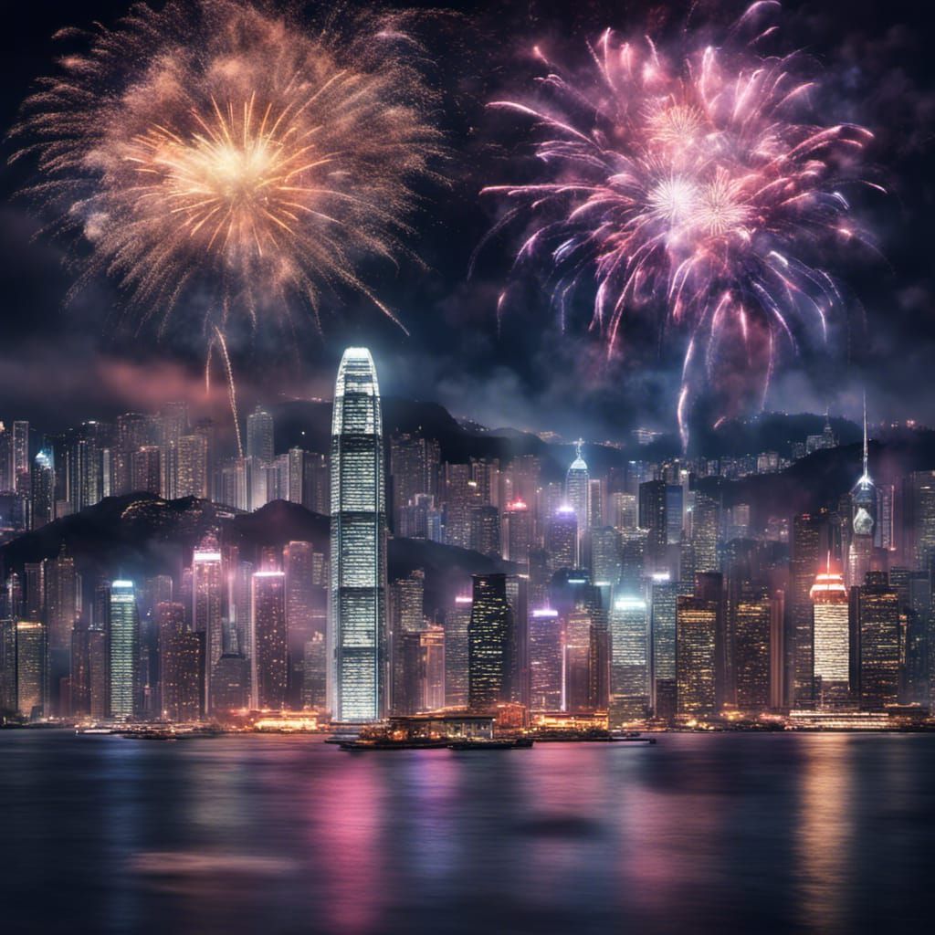 Hong Kong Skyline with Fireworks in Bokeh Style