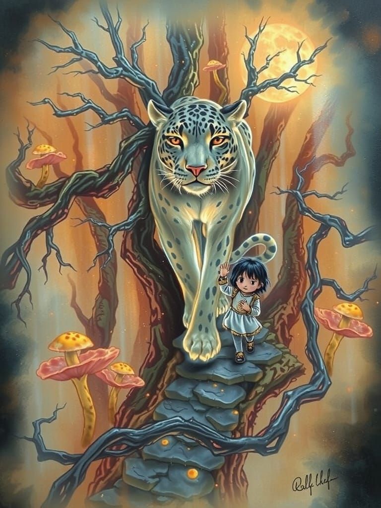 Spectral Jaguar Guides Child Through Enchanted Forest