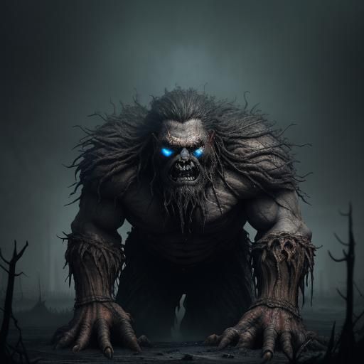 Humanoid Creature Searches Landscape in Dark Fantasy Paintin...