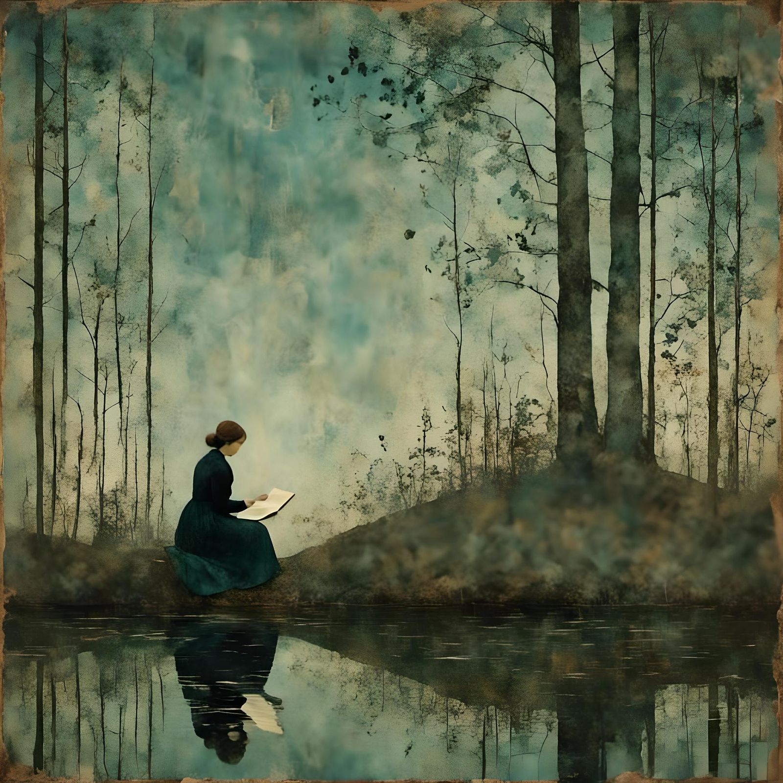 Nightbook Held by Woman Reflected in Pond
