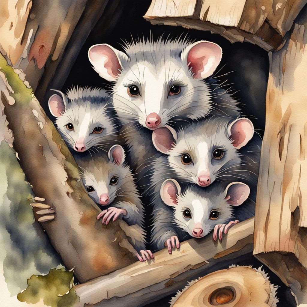 Mother Opossum and Young in Watercolor