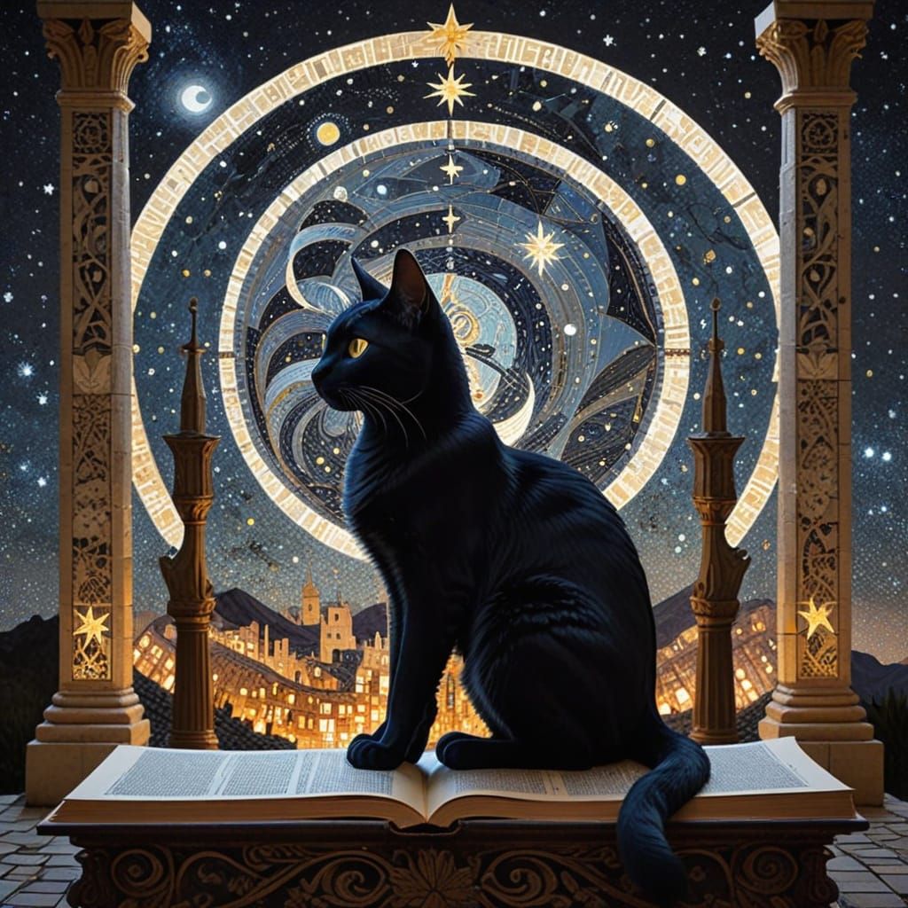 Whimsical Black Cat in Ancient Roman Mosaic Style