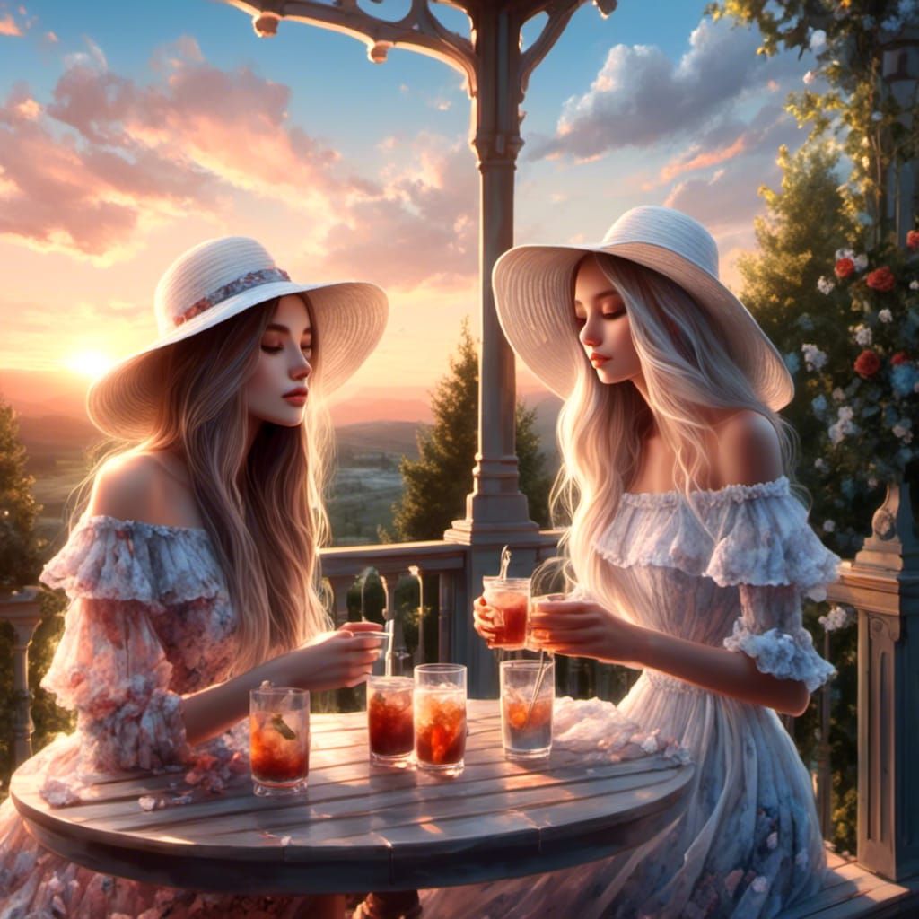 Watercolor of Two Friends Enjoying Sunset Tea