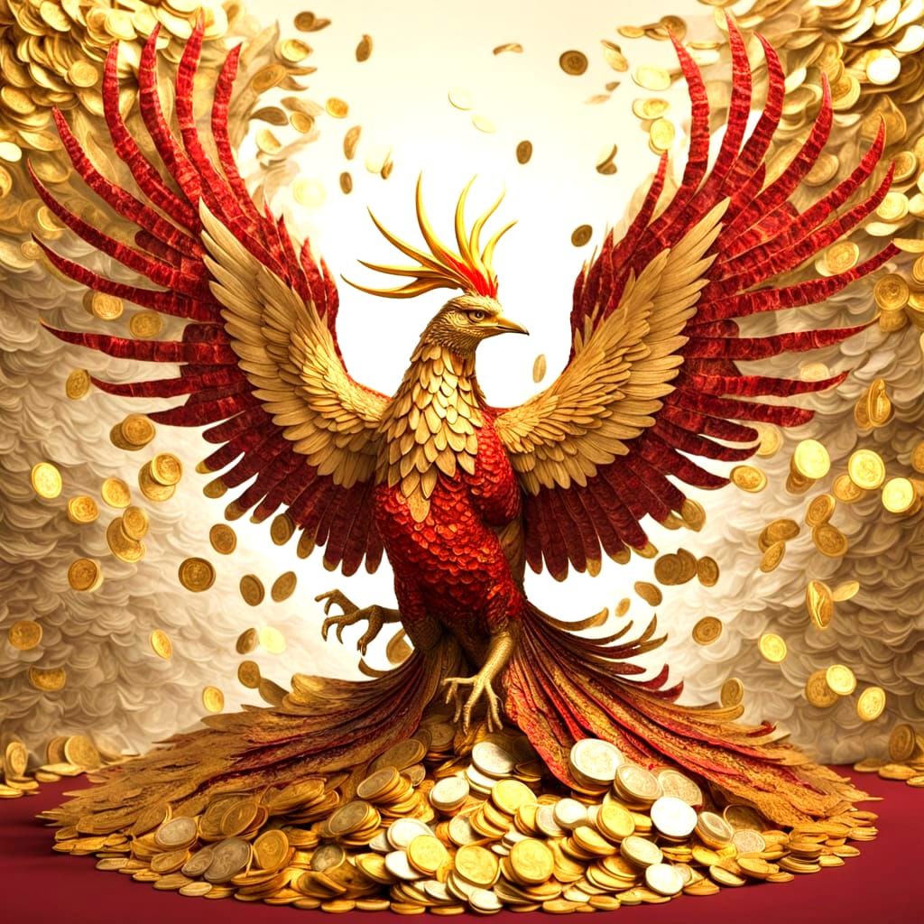 Gold Coin Phoenix Rises from Banknotes in Red Background