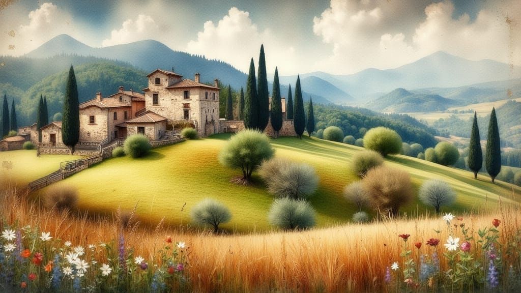 European Countryside in Impressionistic Watercolor Style