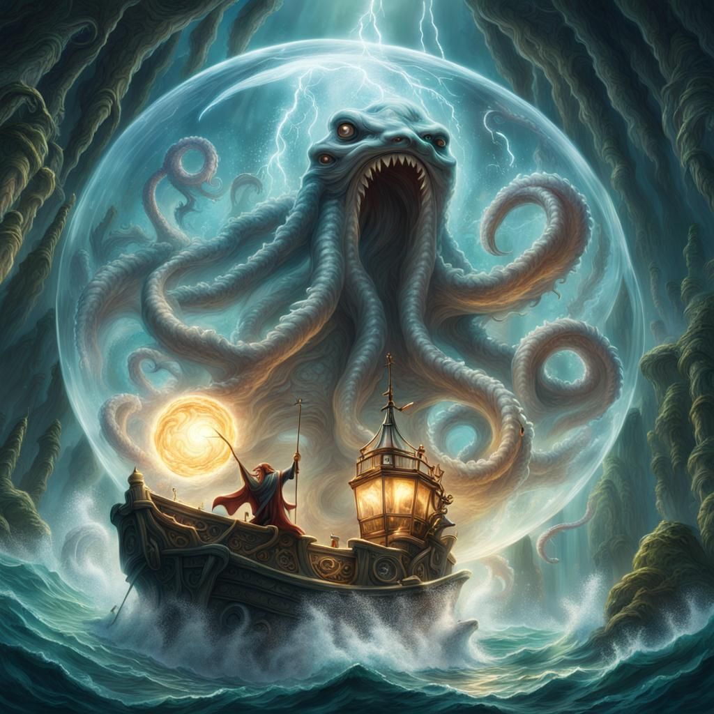 Wizard Battles Kraken in Ethereal Underwater Bubble