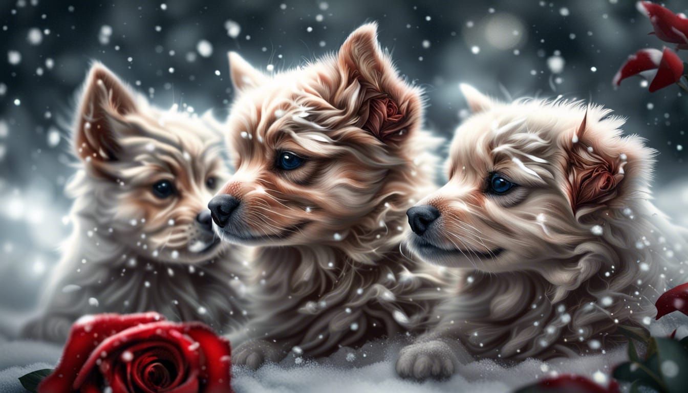Puppies and Kittens Playing in Snow with Rose