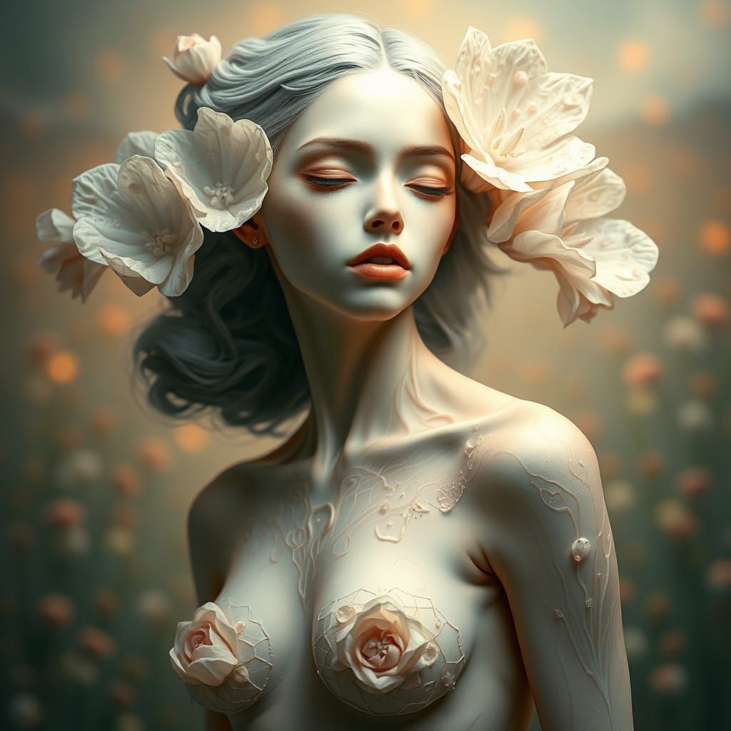 Surreal Dream Goddess Among Blooming Crystal Anatomies