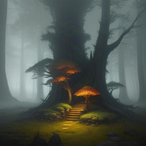 Mystical Forest with Glowing Mist in Oil Painting Style