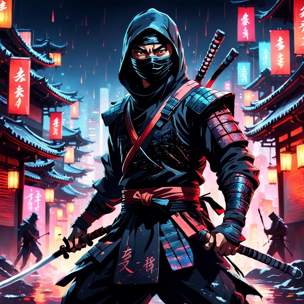 Photorealistic Ninja with Katana in a Neon City