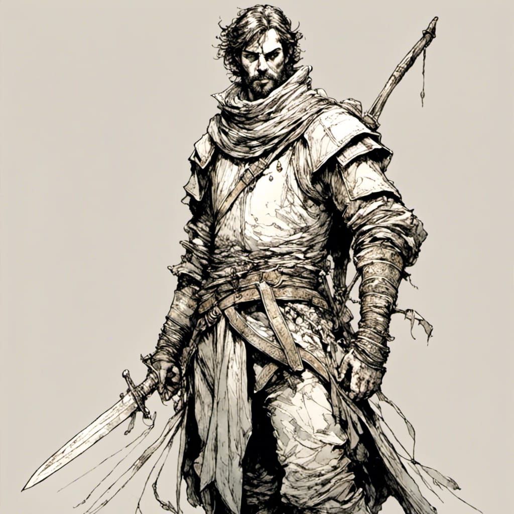 Medieval Fighter with Sword Line Art Illustration