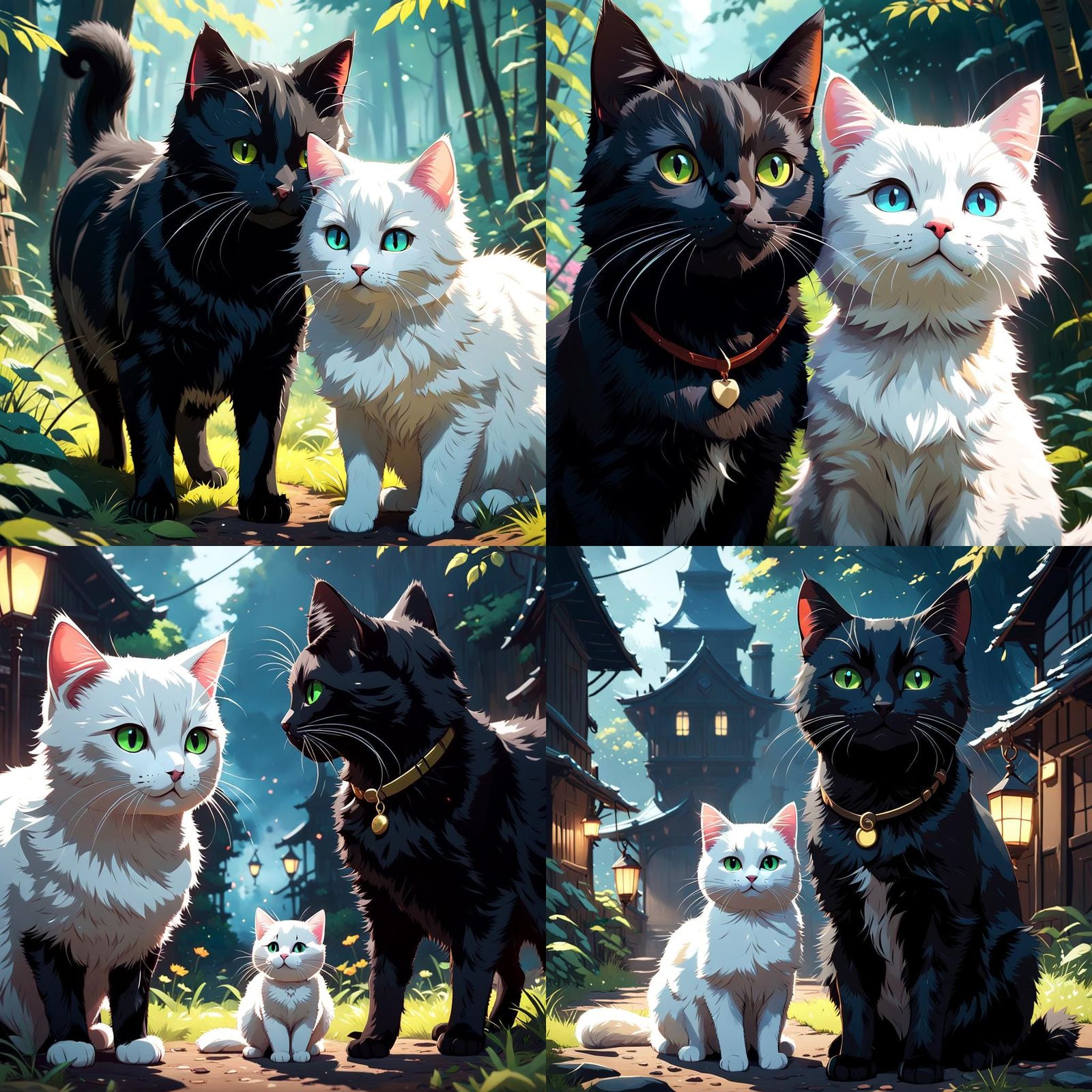 Charming Black and White Cats in Anime Style