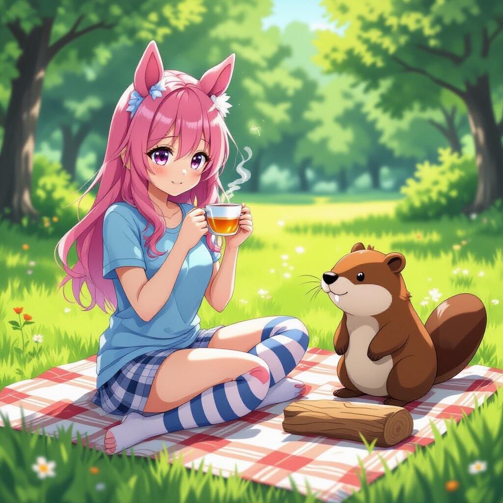 Anime Girl with Horse Ears Drinking Tea, Cel-Shaded Style