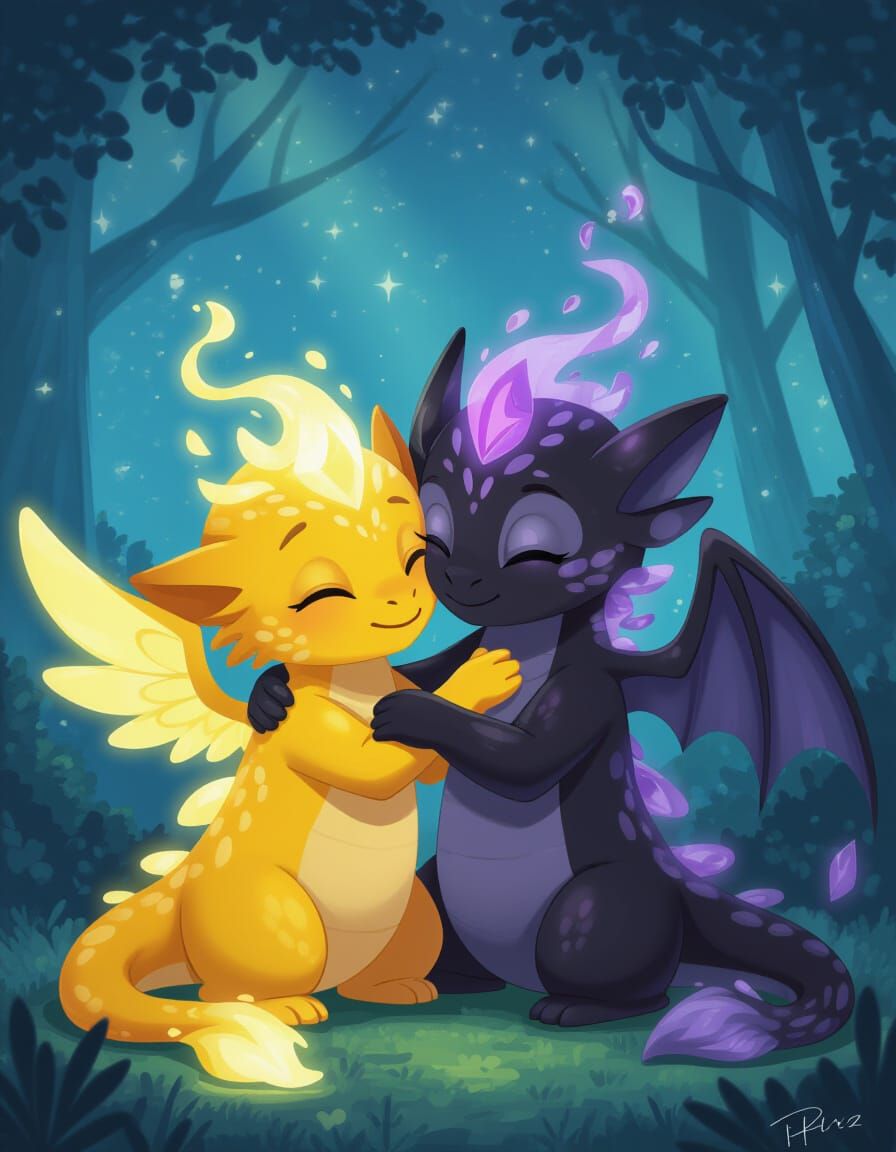 Cute Light and Dark Elementals Embrace in Fantasy Setting
