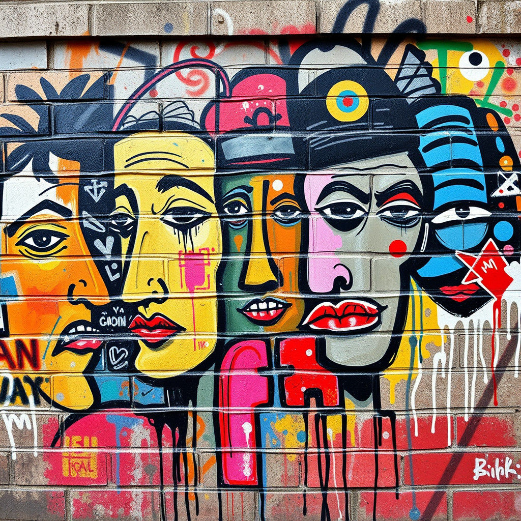 Abstract Graffiti Faces Mural in Basquiat Style