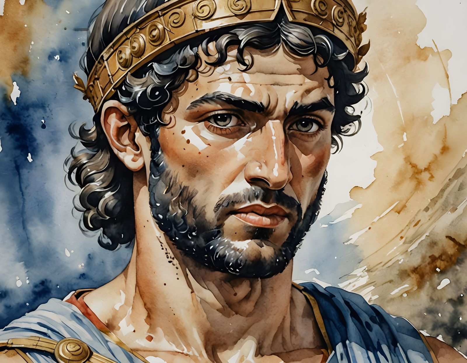 Young Greek Olympian Face in Watercolor