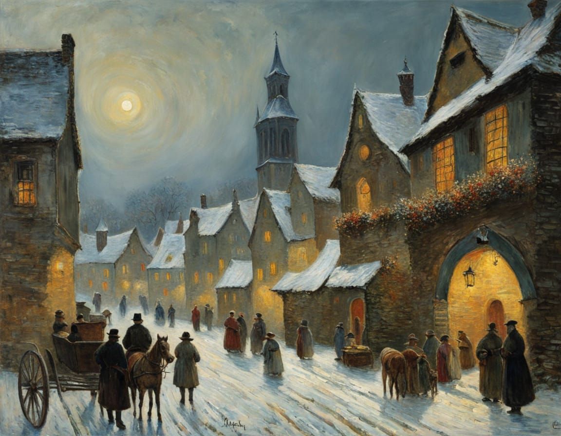Medieval Christmas Town in Whimsical, Expressive Brushstroke...