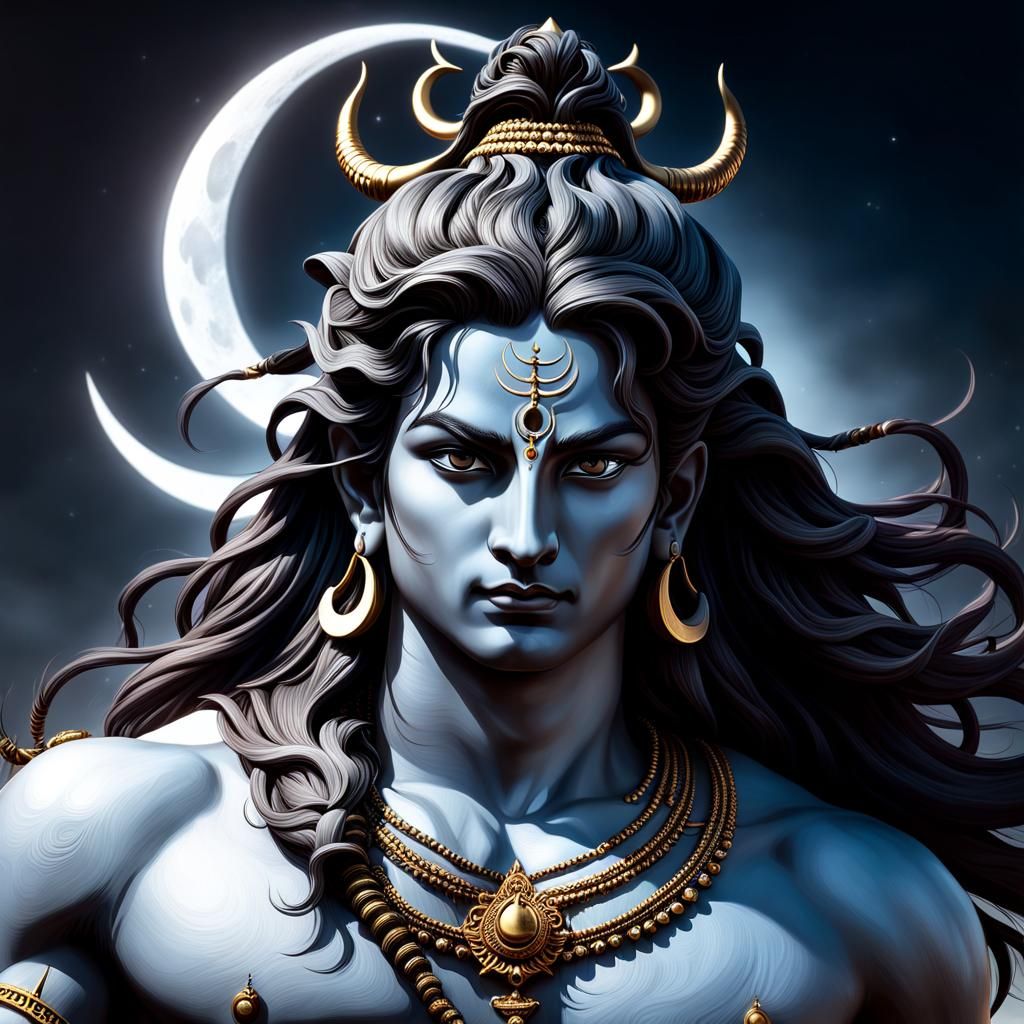 Lord Shiva with Crescent Moon: Dark Fantasy Art