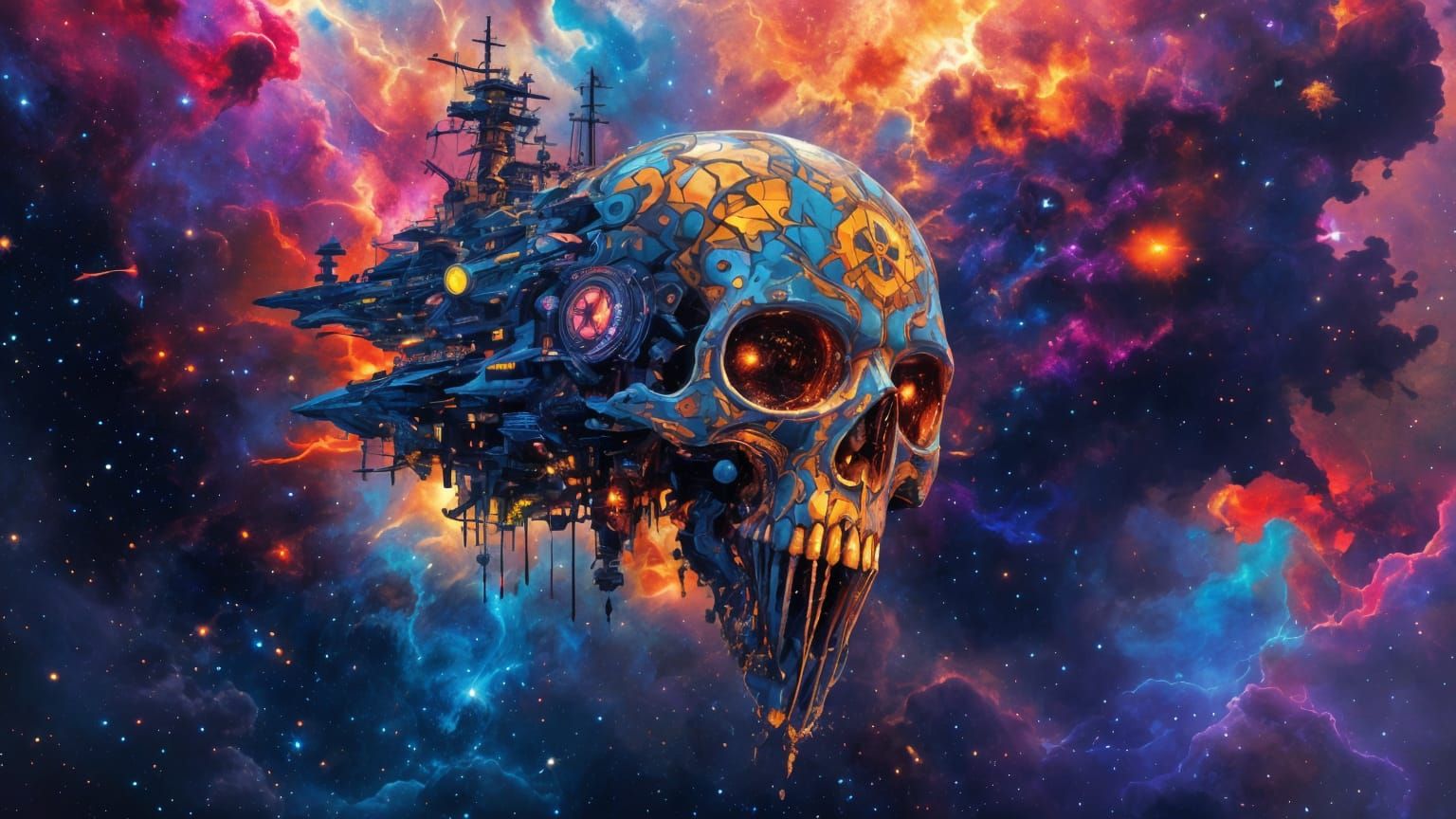Psychedelic Space Pirate Battleship in Nebula