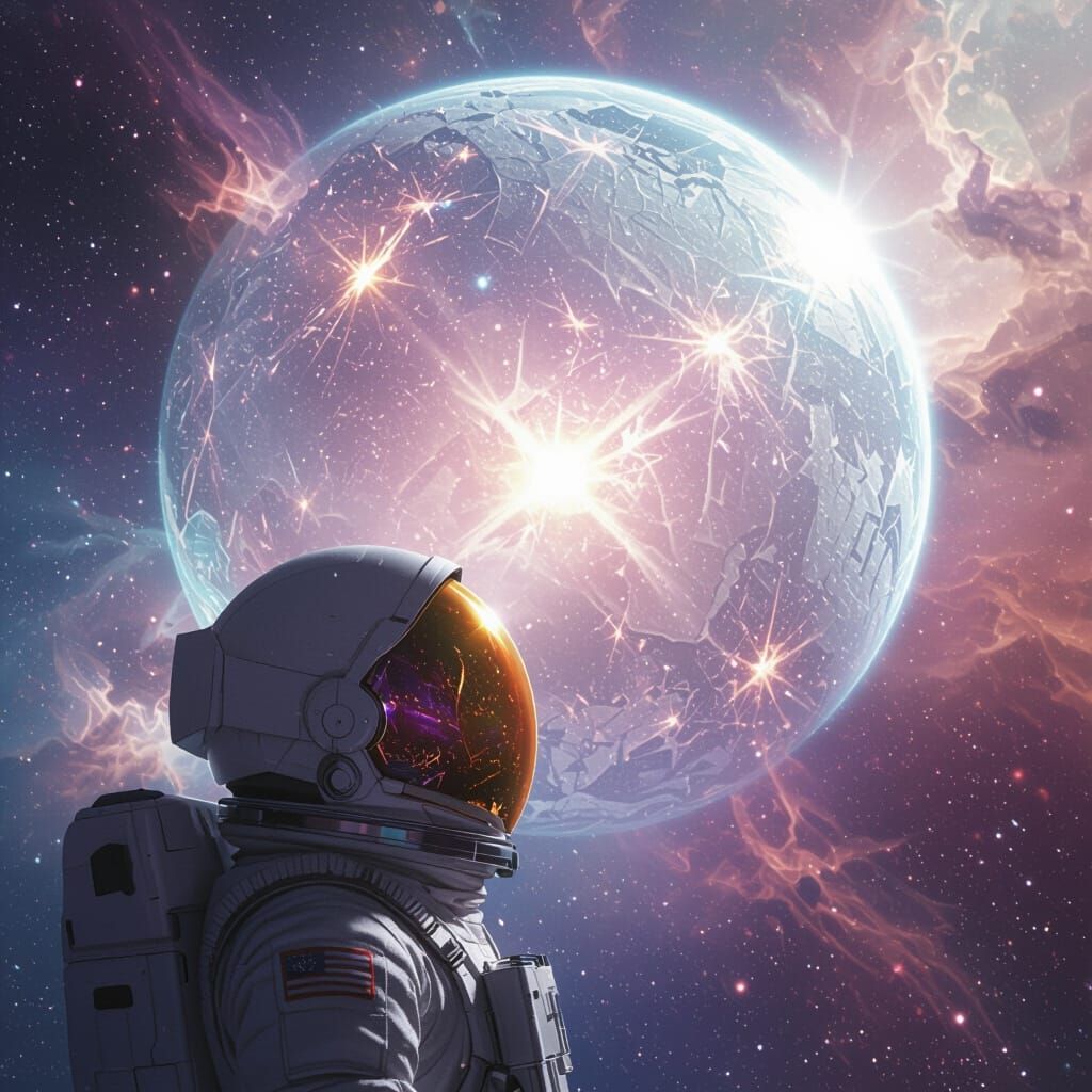 Astronaut Gazes at Luminous Crystal Planet