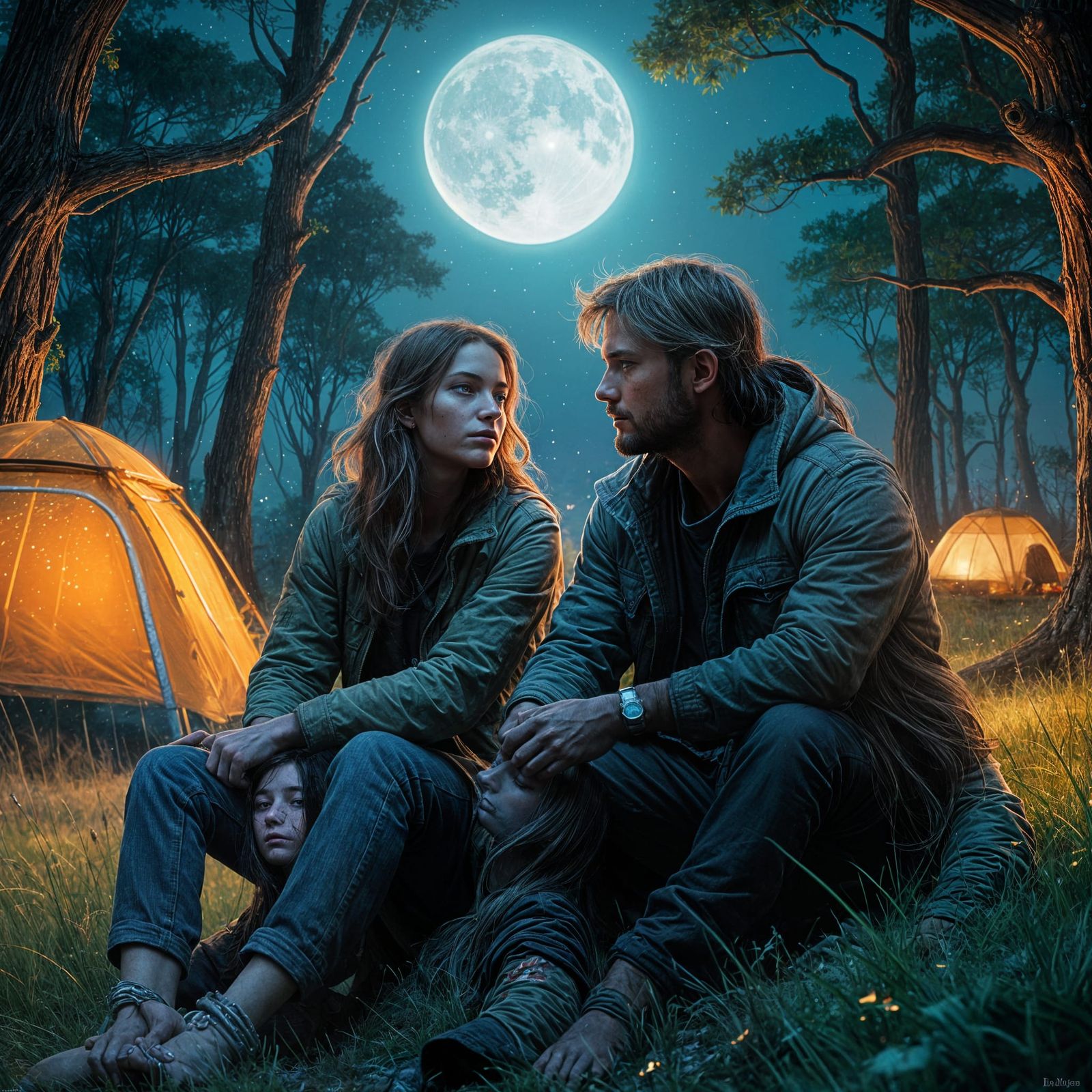 Ethereal Moonlit Meadow Scene in Graffiti Art Style