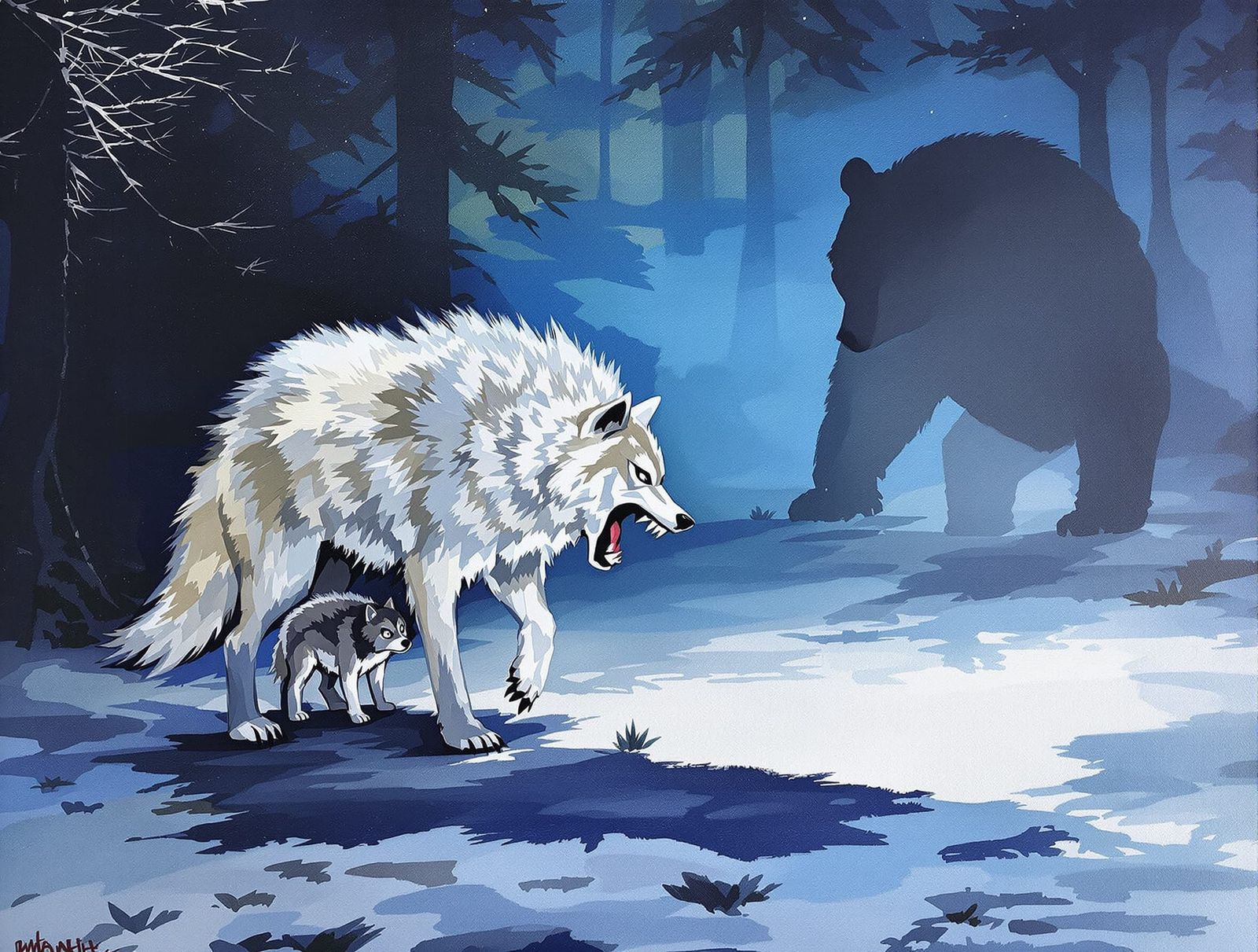 Fluffy Wolf Defends Cub with Palette Knife & Impasto Techniq...