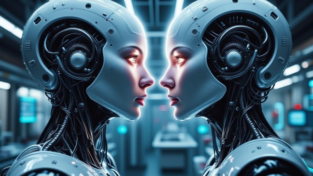 AI Entities Blink in Neon Sci-Fi Lab Oil Painting