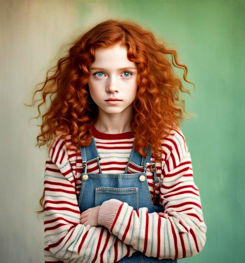 Girl with Red Hair, Freckles, and Denim Skirt