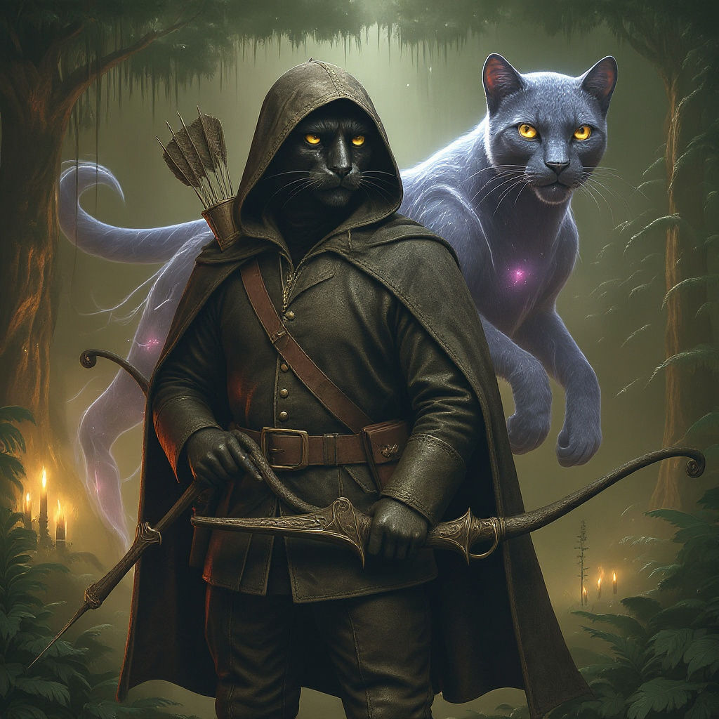 Tabaxi Hunter with Ethereal Panther in Art Nouveau Style