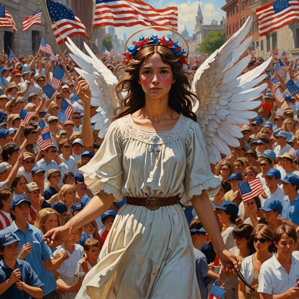American Angel Celebrates Fourth of July as Oil Painting