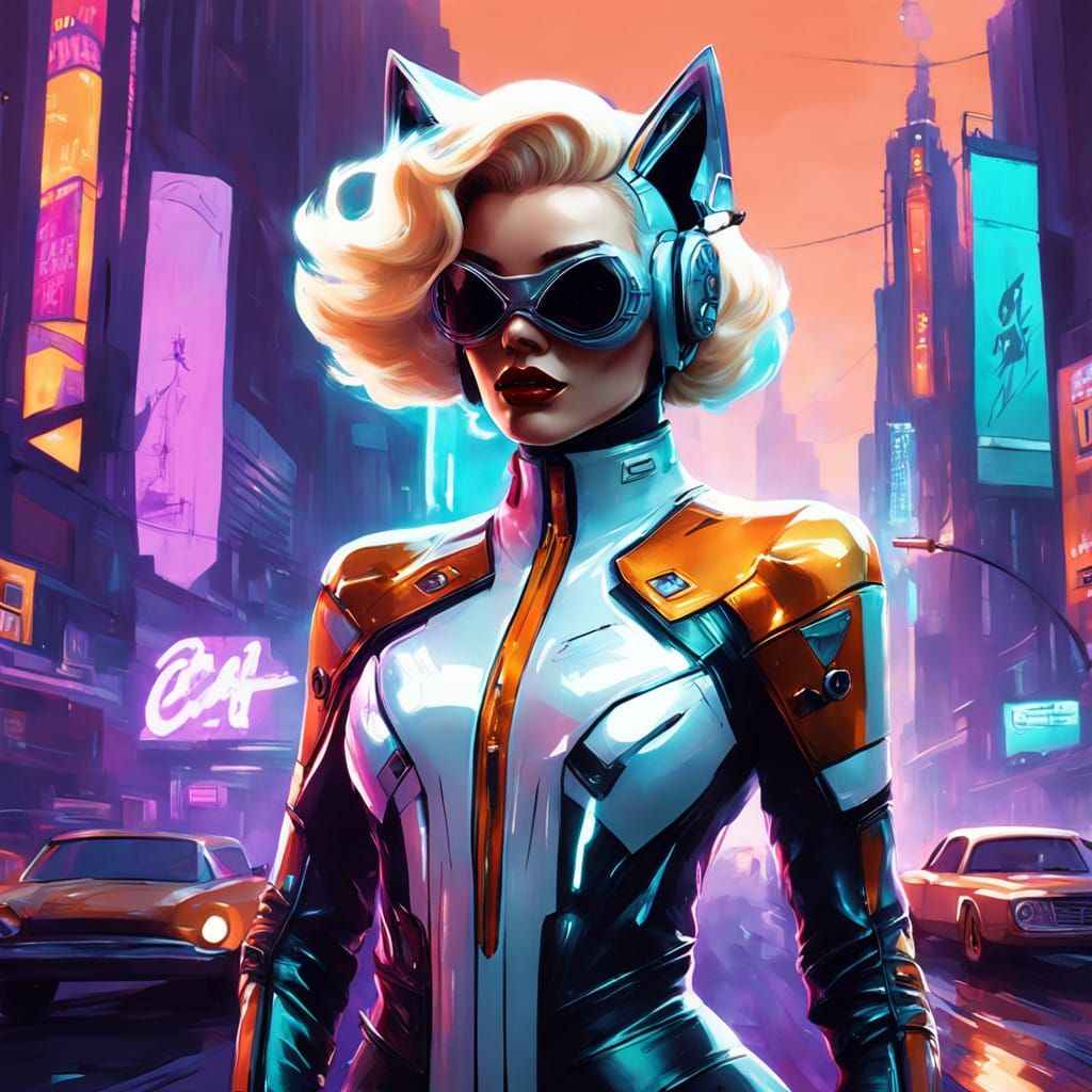 Futuristic Marilyn Monroe Cat Girl in 90s Cyberpunk Aestheti...