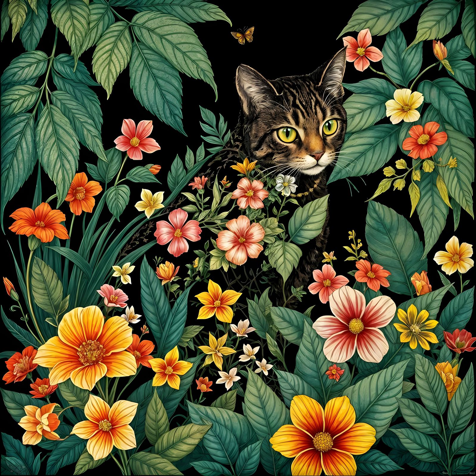 Tropical Garden Cat Silhouette in Art Nouveau Style
