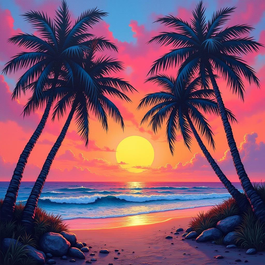 Palm Trees at Sunset with Graffiti Art