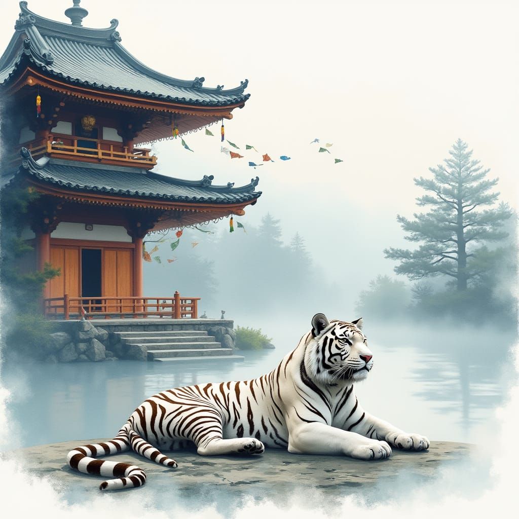 Majestic White Tiger Beside Serene Japanese Temple