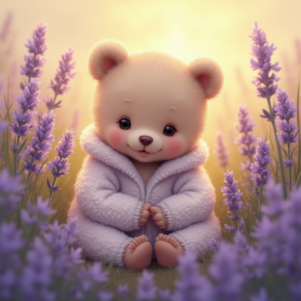 Cherubic Baby Bear in Lavender Field, Soft Impressionist Sty...