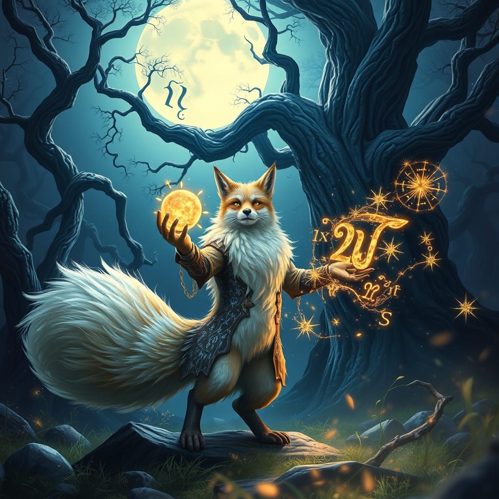 Mystical Fox Sorcerer Channels Ancient Magic in Moonlit Glad...