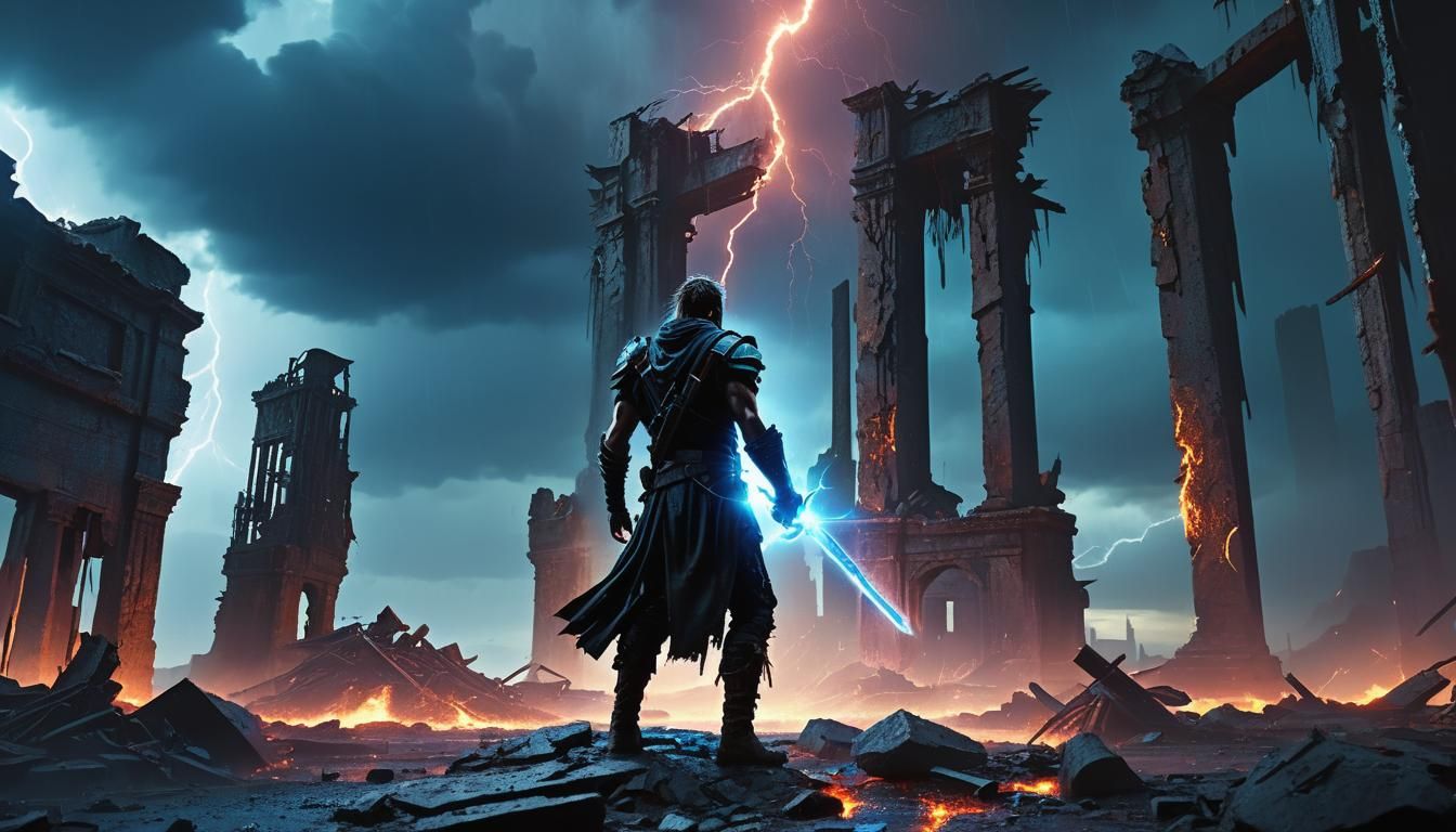 Warrior in Post-Apocalyptic Wasteland During Thunderstorm