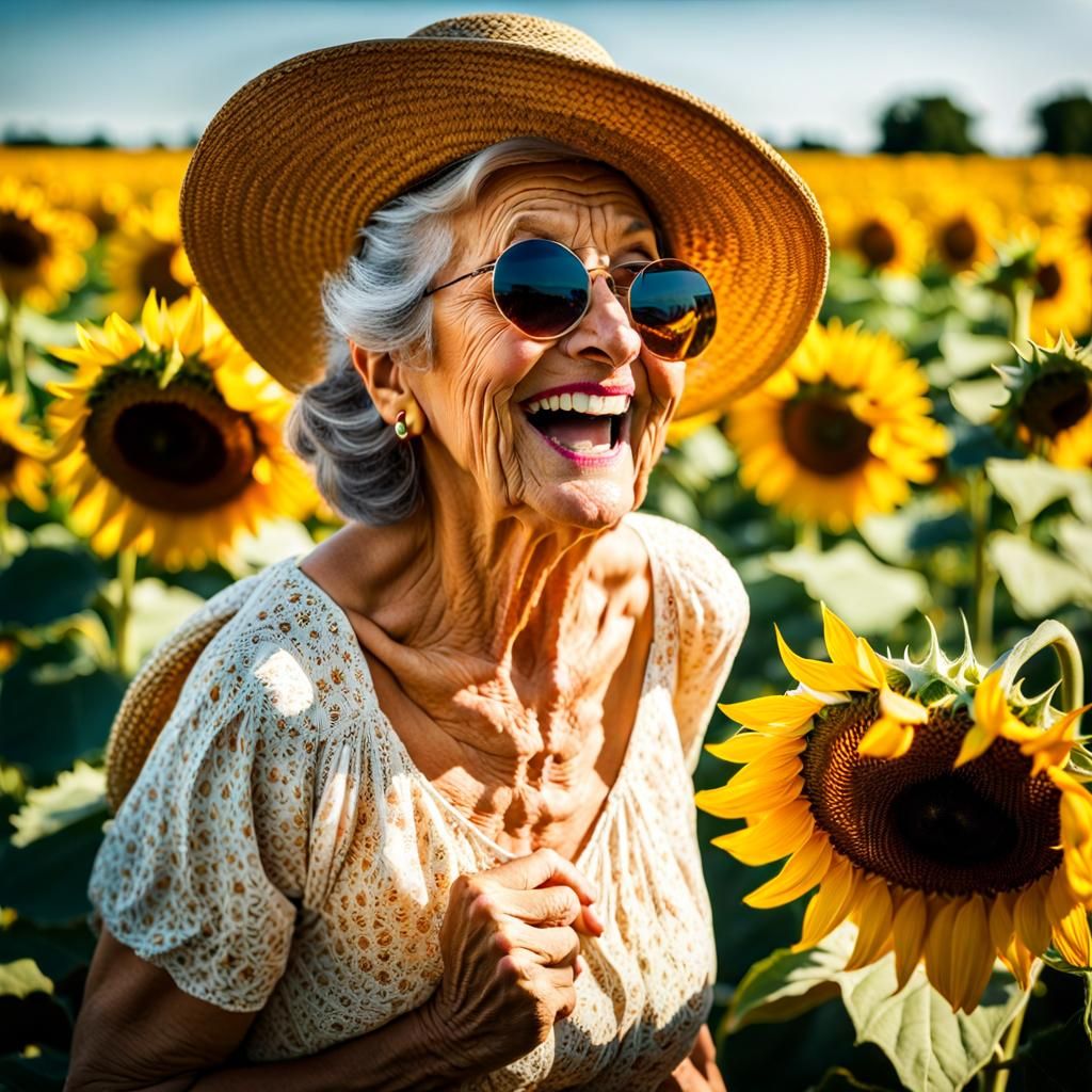 Joyful Woman in Sunflower Field: Neo-Impressionist Painting