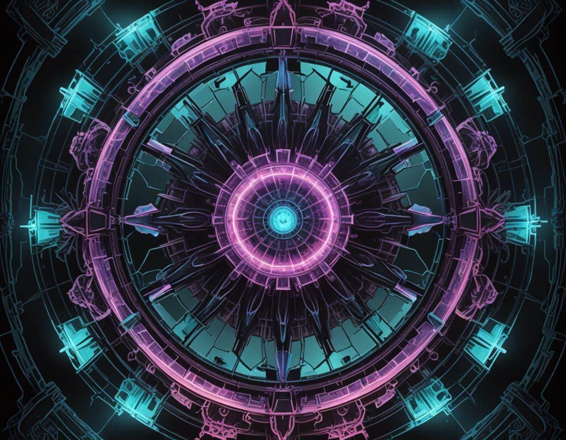 Luminescent Glass Mandala in Ruined Lab, Dark Sci-Fi